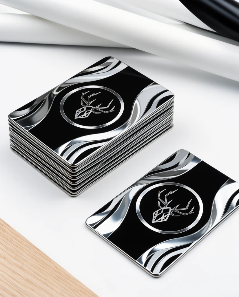 A neat stack of flat rectangular objects and a single identical object rest on a smooth white surface. The objects display a sleek black surface intersected by flowing, reflective metallic silver curves. Centered on the black background is a symmetrical metallic silver geometric shape resembling stylized antlers surrounded by a distinct silver ring. Abstract white and black cylindrical forms lie softly out of focus in the upper background. A small section of light-grained wood appears in the bottom left corner. Bright studio lighting creates soft shadows and stark highlights on the reflective silver patterns, enhancing a clean, modern aesthetic.