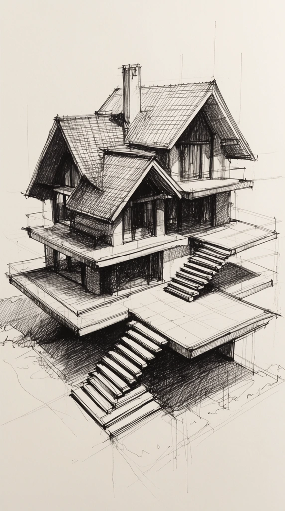 architectural pen and ink sketch of a complex multi-story house, pitched roofs intersecting flat cantilevered terraces, multiple cascading stairs, dense cross-hatching shading, faint construction lines, black ink on off-white paper, high-angle perspective