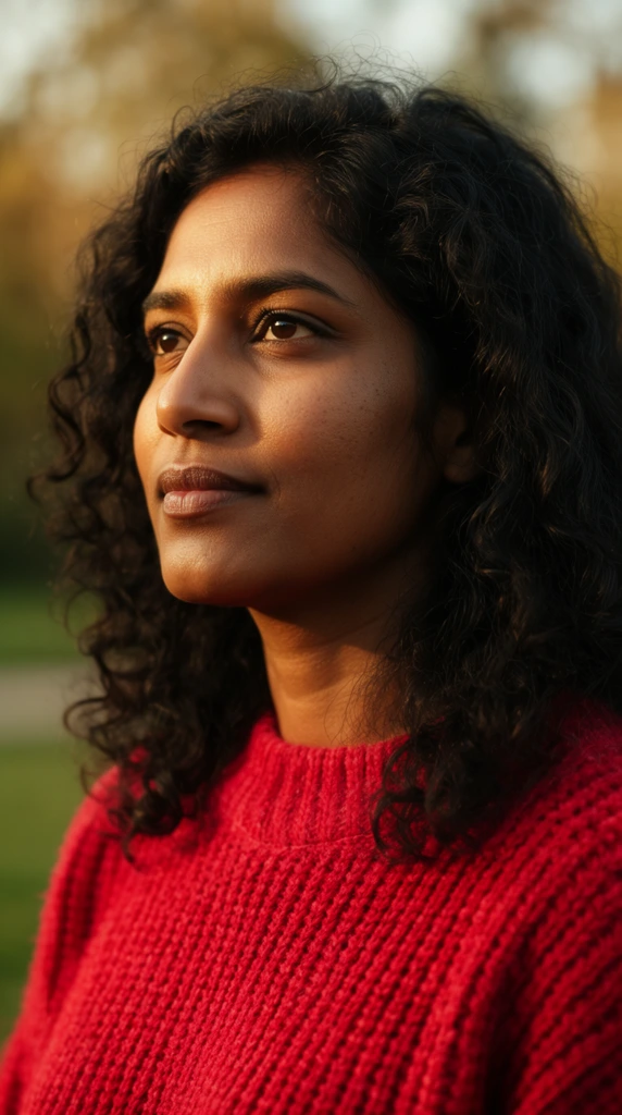 close-up portrait of a South Asian woman looking off-camera left, confident expression, dark curly hair falling around shoulders, bright crimson heavy knit sweater, warm golden hour lighting, soft shadows on face, shallow depth of field, blurred natural park background, sharp focus on facial features, cinematic portrait photography, highly detailed textures