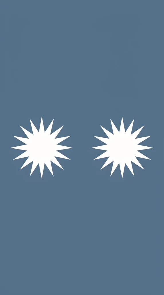 A minimalist graphic design composition featuring a solid, flat, muted slate blue background. Symmetrically placed horizontally in the lower half are two identical white, multi-pointed starburst vector icons with sharp, jagged radiating points. The crisp white geometric shapes sit entirely isolated against the cool-toned blue field, separated by a wide gap, creating a high-contrast, perfectly balanced, and highly stylized two-dimensional layout characterized by flat colors and sharp vector edges.