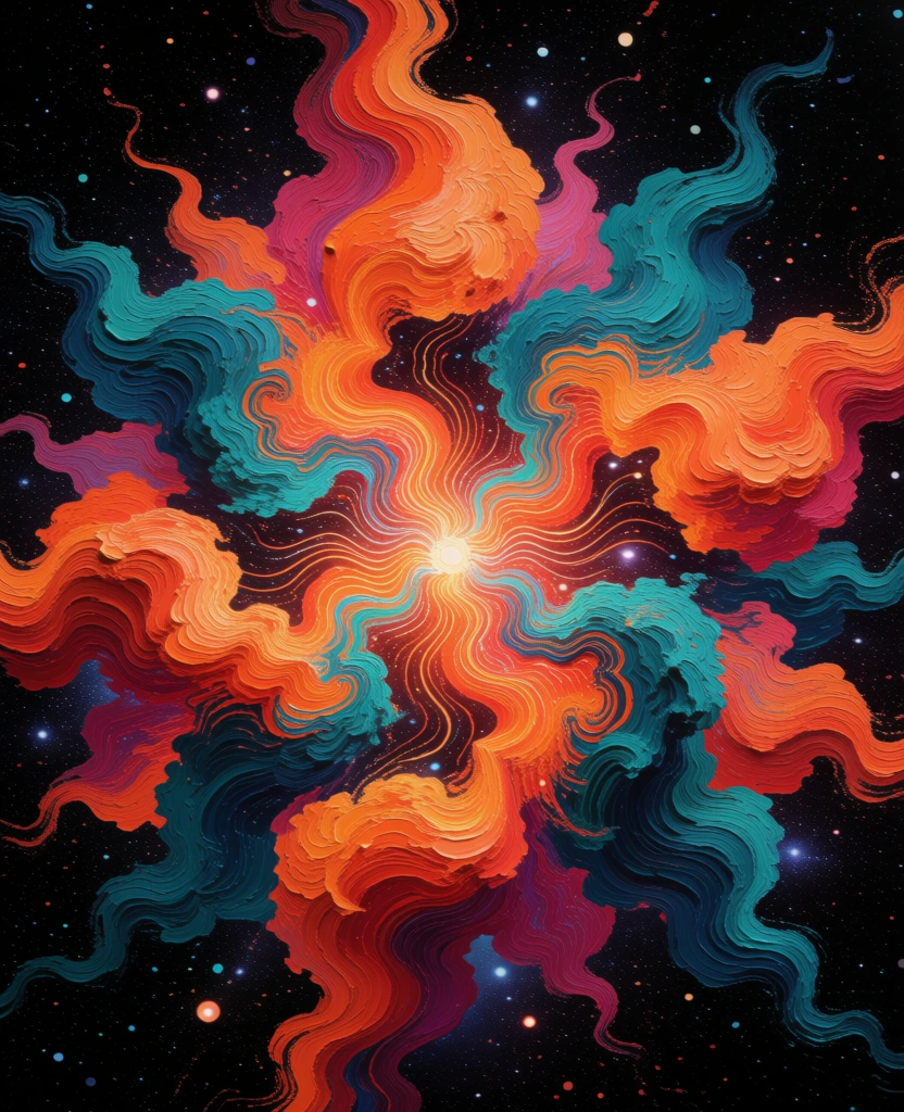 A vibrant, abstract cosmic explosion of swirling orange and teal tendrils radiates outward from a central bright core against a black, star-filled void. At the exact center lies a glowing white and yellow focal point that emits numerous thin, wavy lines of light. Surrounding this center are thick, textured masses of color that resemble fluid, swirling paint or nebular gases. These masses are composed of intricate, overlapping ridges and grooves, primarily in shades of fiery orange, magenta, and deep teal. The teal sections are dense and weave under and over the orange-toned swirls in complex, liquid patterns. The entire structure expands toward the edges of the vertical frame, creating a radial symmetry. The background is a solid black expanse densely populated with tiny, sharp dots of light in various sizes and colors, including white, pale blue, and soft orange, simulating a distant star field. The artistic style is highly textural, mimicking the appearance of impasto oil painting with visible, thick brushstrokes and raised surfaces. Lighting originates from the central core, illuminating the inner edges of the surrounding colorful forms and creating high contrast against the dark background. The color palette is dominated by the complementary contrast between the warm oranges and the cool teals, creating a dynamic and energetic visual effect.