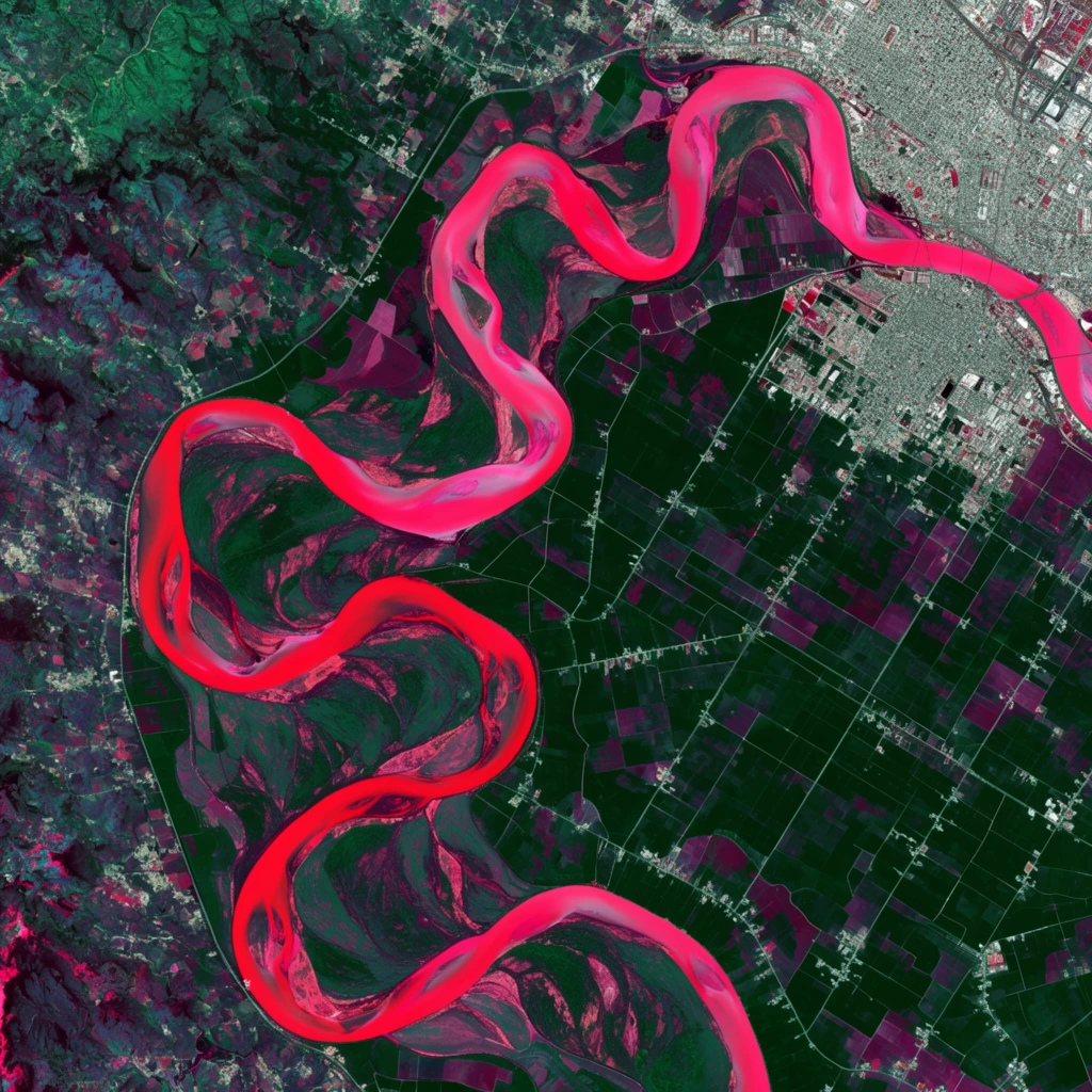 false-color satellite imagery, winding river in glowing neon pink and red, dark green agricultural fields, pronounced meanders, urban gray grids top right, abstract landscape topography, high contrast top-down perspective, scientific infrared mapping style