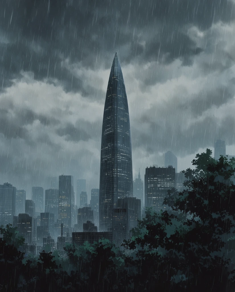 Rainy city skyline, thick grey clouds, prominent pointed skyscraper, heavy falling rain streaks, dark tree silhouettes, moody anime style background art