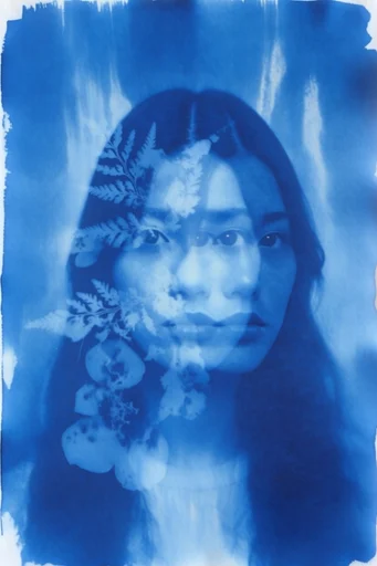 Ethereal Cyanotype Botanical style reference image — hand-brushed emulsion borders