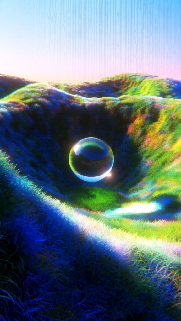 low-fidelity retro digital cgi, heavy scanline texture and visible pixel grid, a floating glass orb suspended inside a deep crater covered in lush grass, surreal landscape composition, vibrant saturated blues and neon greens, high-contrast lighting with glowing highlights, 90s computer graphics aesthetic, intense aliasing and dithered gradients, dreamcore atmosphere, wide-angle perspective, simulated screen-door effect, lo-fi 3d render, nostalgic glitch art style.
