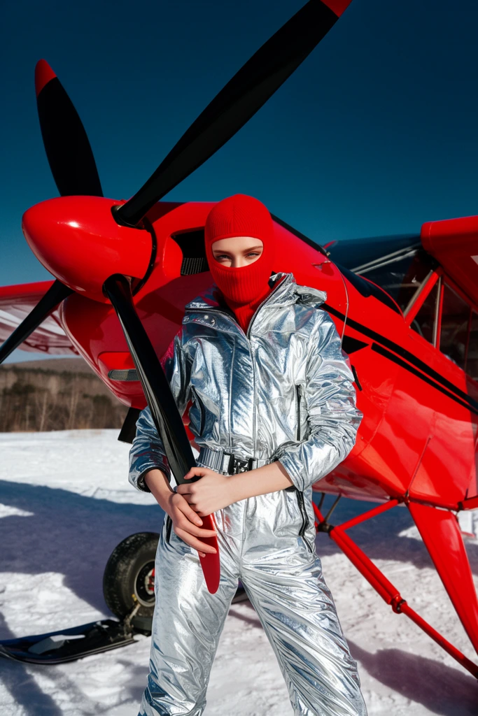 woman in metallic silver ski suit, red balaclava, posing holding propeller of bright red ski-plane, snowy ground, blue sky, high contrast fashion photography