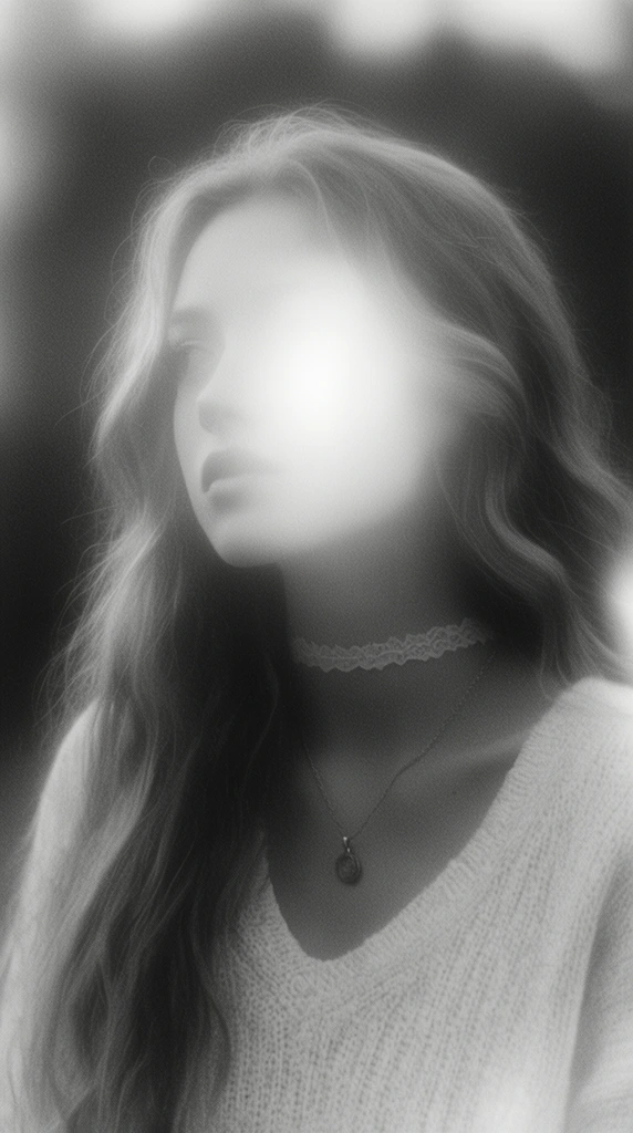 A black and white soft-focus portrait of a young woman with long wavy hair looking away, her face dramatically obscured by an intense glowing light leak. She wears a thin lace choker, a pendant necklace, and a textured V-neck sweater against a dark blurred background. Heavy film grain and a dreamlike diffusion filter create an ethereal vintage aesthetic.