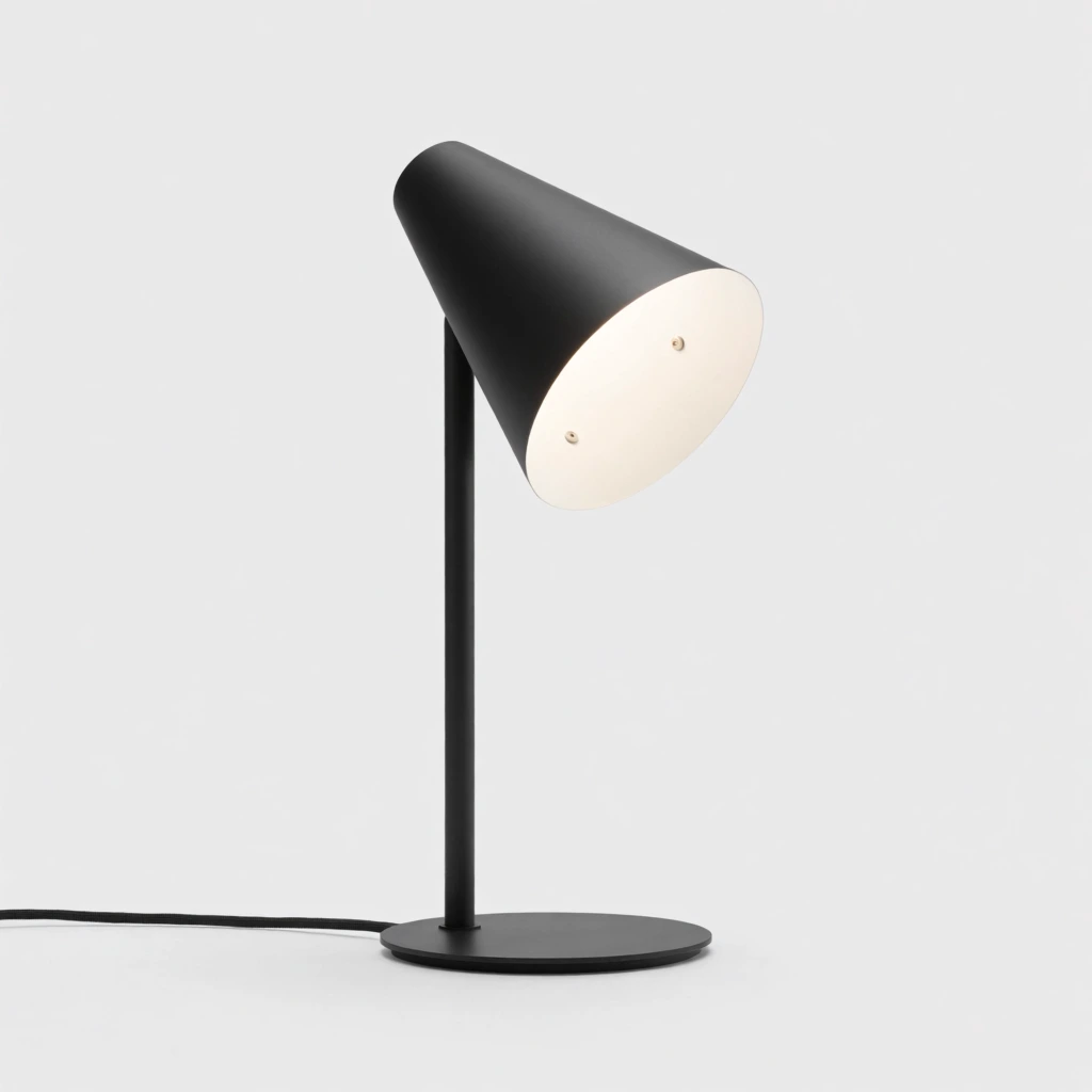 A minimalist matte black desk lamp is centered against a seamless light gray studio backdrop. The fixture features a flat circular base, a straight vertical pole, and an asymmetrical conical lampshade mounted near the top. Tilted slightly downward, the shade's bright white interior emits a warm glow, revealing two small internal rivets. A thin black power cord trails away to the left. The high-key product photography emphasizes the sleek industrial design with sharp focus and soft ambient lighting.