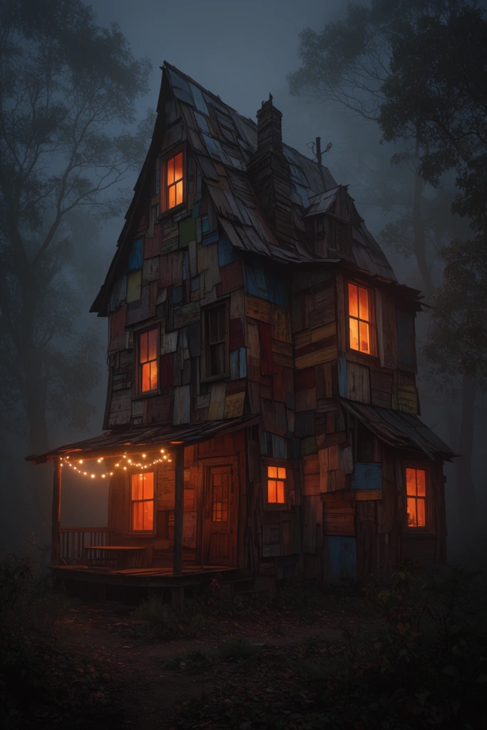 Ramshackle multi-story wooden house in a foggy night forest, haphazard patchwork architecture, glowing orange windows, porch string lights, tree silhouettes, moody cinematic lighting