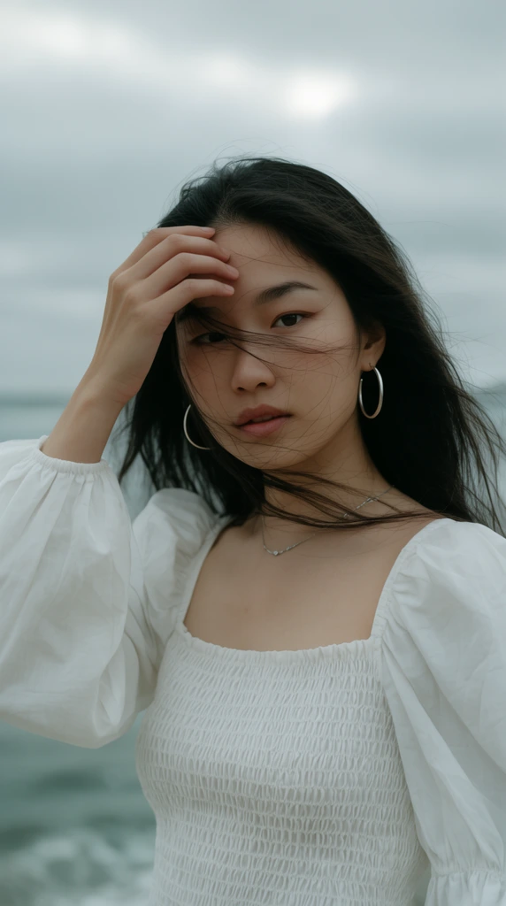 young Asian woman touching her forehead, long dark hair blowing across her face, white square-neck blouse with smocked bodice and puffy sleeves, silver hoop earrings, delicate necklace, blurred ocean background, overcast grey sky, soft diffused natural lighting, shallow depth of field, cinematic portrait photography