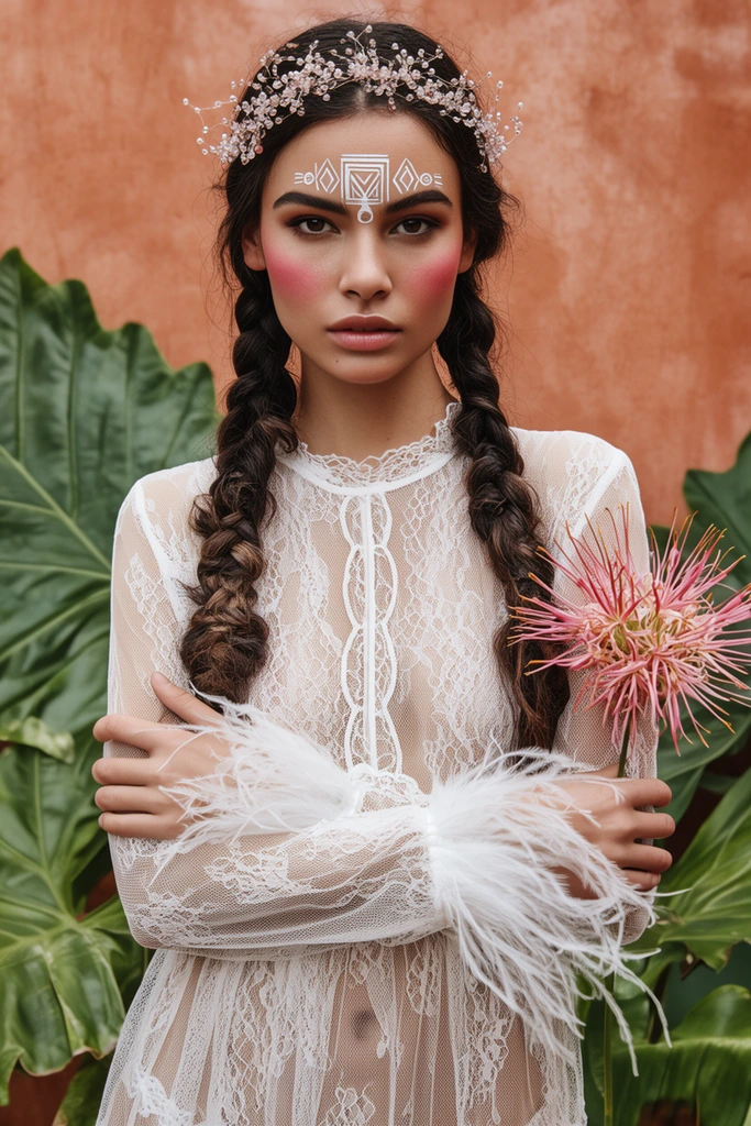 young woman in a sheer white lace dress with feather cuffs, dark braided pigtails with a delicate beaded crown, white geometric forehead makeup, pink blush, arms crossed holding a spiky pink flower, textured terracotta wall, large green tropical leaves, bohemian fashion portrait, soft lighting