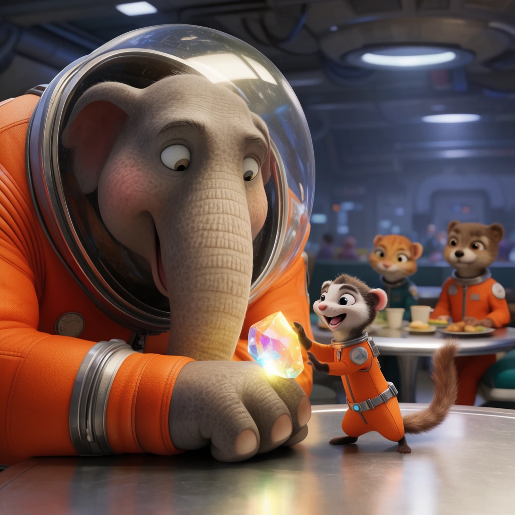 A giant anthropomorphic elephant in a vibrant orange spacesuit leans heavily on a metallic table. Beside his massive arm, a tiny energetic ferret in matching gear cheerfully taps a glowing crystal against his hand. Two animal crewmates watch from the softly lit sci-fi cafeteria background. Cinematic 3D animation, shallow depth of field, dramatic scale contrast.