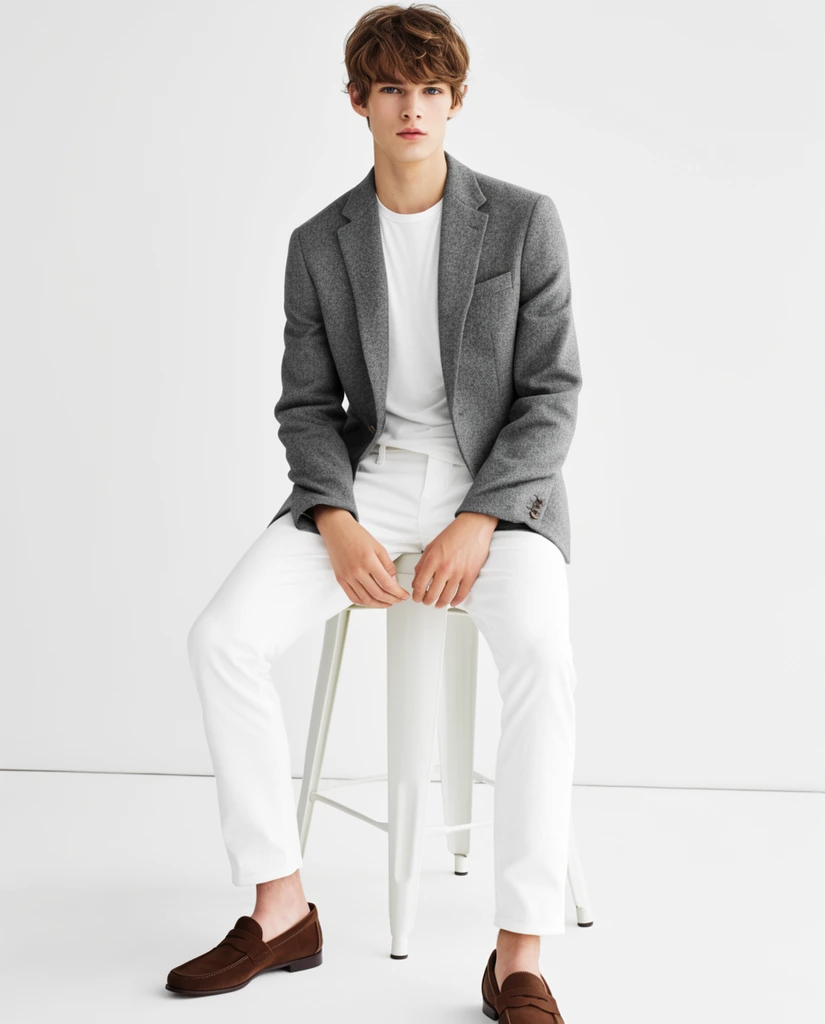 young male fashion model, tousled brown hair, grey wool blazer, white t-shirt, white pants, brown loafers, seated on white metal stool, bright white studio background, soft lighting, full body shot