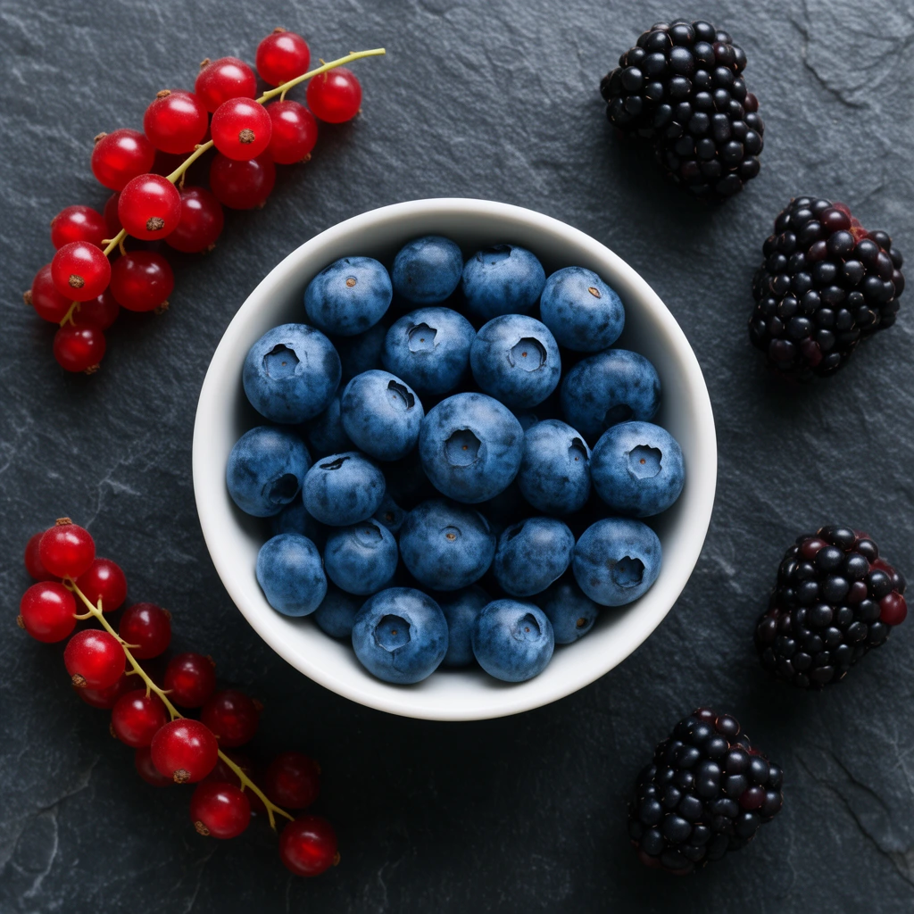 white bowl filled with blueberries, scattered red currants on stems, ripe blackberries, dark textured slate surface, top-down flat lay food photography, soft diffused lighting
