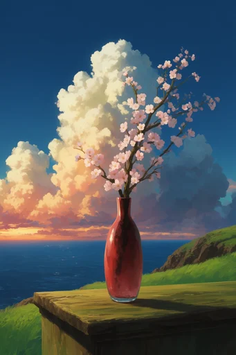 Luminous Anime Horizon style reference image — towering cumulus clouds