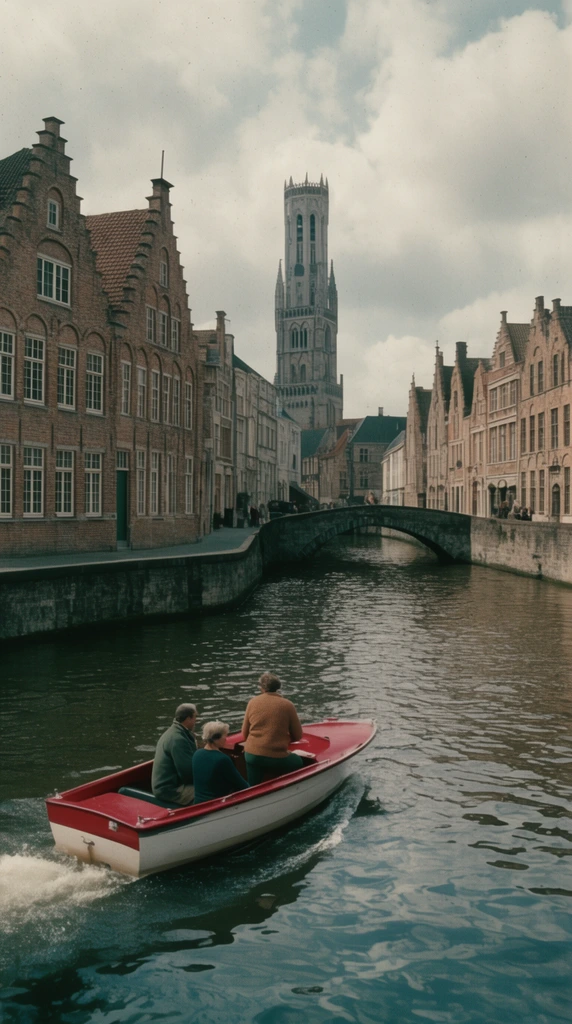 A red and white motorboat carrying three people leaves a wake on a canal flanked by historic stepped-gable brick buildings. A stone arch bridge and a tall gothic belfry stand in the distance under a cloudy sky. Cinematic vintage 35mm film photography with muted tones, deep depth of field, and subtle grain.