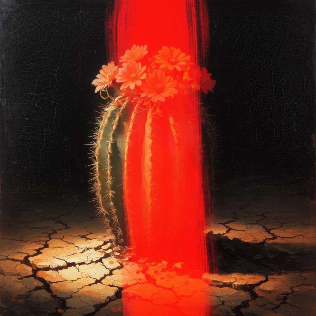 A centrally positioned cactus with vertical ridges and numerous spines stands anchored in a dramatic, high-contrast environment, intersected by a striking, translucent vertical band of luminous red. Atop the ribbed surface of the cactus rests a cluster of blooming flowers. The ground surrounding the base is dry and deeply cracked, marked by prominent illuminated fissures spreading across the textured earth. A strong, directional light source originating from the left casts sharp, brilliant highlights across the left flank of the cactus, its spines, and the fragmented ground, transitioning the right half and the background into dense, deep black shadows in a classic chiaroscuro technique. Overlaid directly down the center of the composition is a bold, fiery neon-red brushstroke-like beam that acts as a glowing color filter, shifting the underlying textures of the flowers, cactus body, and earth into highly saturated, bright orange-red tones. The entire composition features the tactile qualities of an aged oil painting, exhibiting extensive craquelure with a fine, spiderweb-like network of cracks visible throughout the deep, dark pigments of the background void, forming a stark textural juxtaposition against the sharply rendered, impasto-like details of the illuminated central plant and the arid foreground.