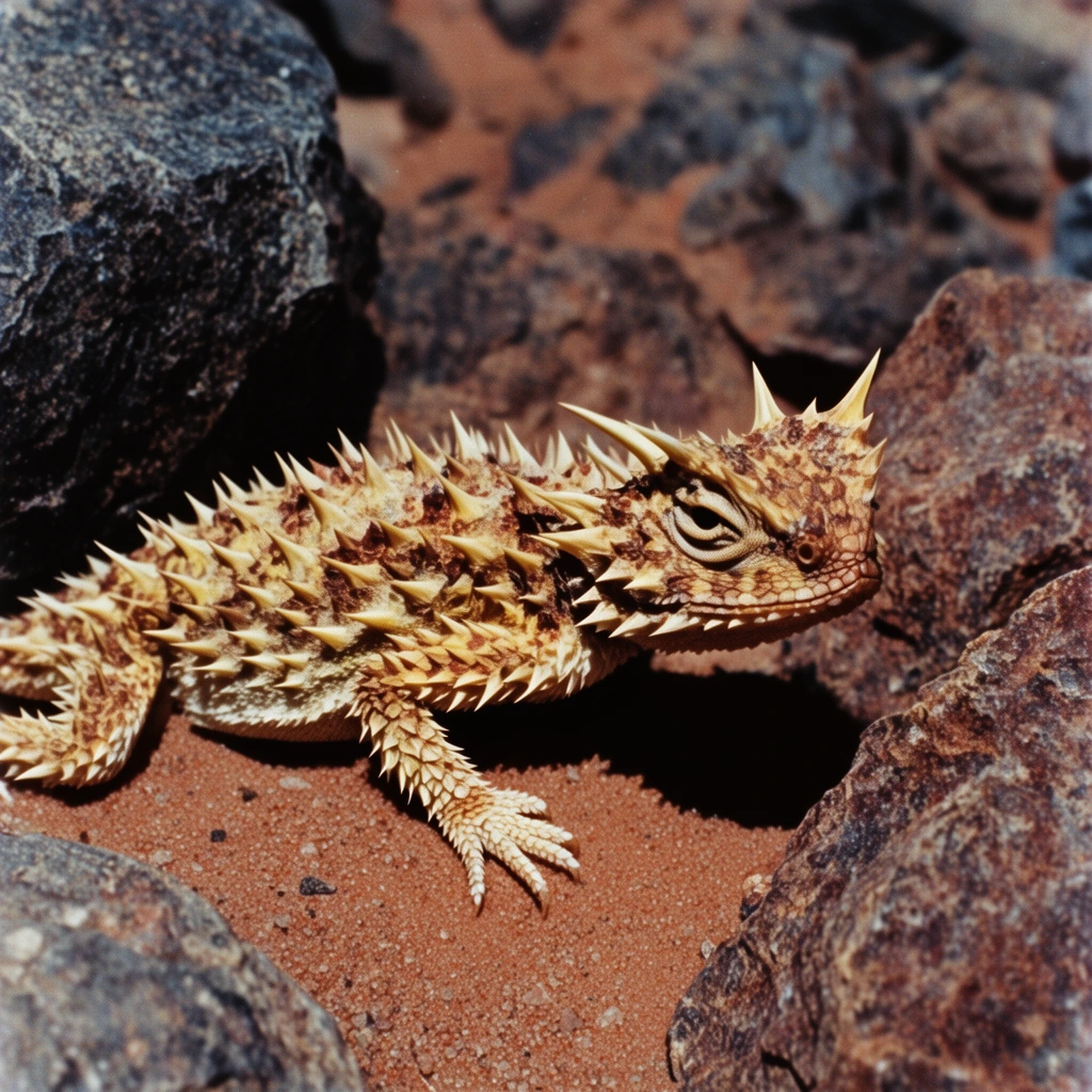 small desert lizard completely covered in sharp conical spikes, pale yellow and rusty brown camouflage, prominent thorny horns above the eyes, low-slung body crawling across reddish-brown sand, surrounded by large dark grey and rusty textured rocks, harsh direct sunlight casting deep black shadows, arid environment, close-up macro photography, shallow depth of field, high contrast vintage film aesthetic