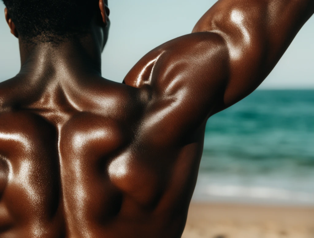 close-up of a highly defined muscular back and shoulder, raised arm, gleaming dark brown skin, sculptural trapezius and deltoids, strong directional sunlight, bright specular highlights, out-of-focus teal ocean, blurred sandy beach, pale blue sky, shallow depth of field, high-resolution photography