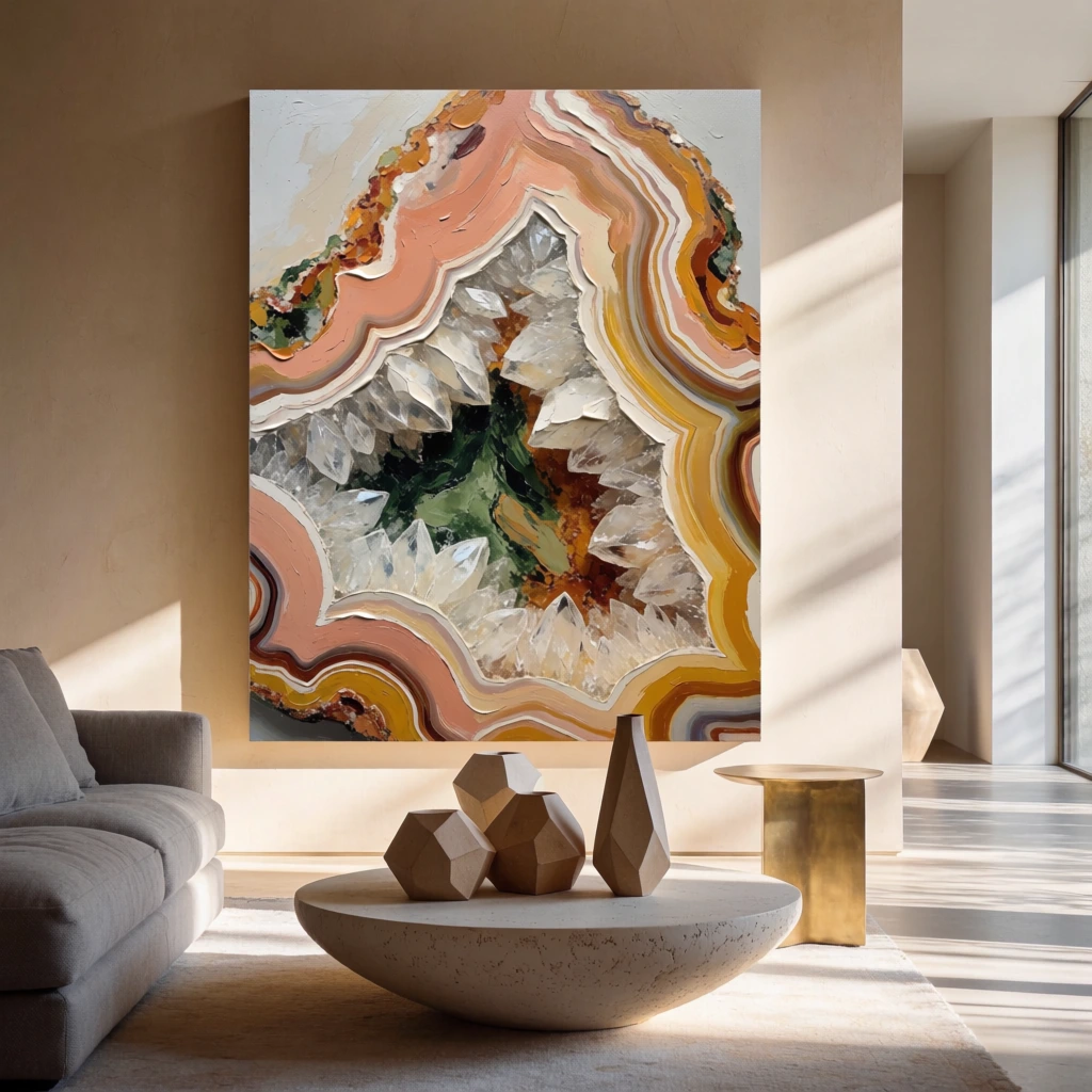 a large vertical impasto oil painting of an agate stone cross-section with crystalline structures, thick palette knife textures and heavy strokes, palette of peachy pink, ochre, cream white, and forest green, centered on a warm neutral wall, bright minimalist interior with soft sunlight casting long window shadows, gray sofa on the left, gold side table, low coffee table with faceted geometric sculptures and a tall vase, modern gallery aesthetic, high-end architectural photography.