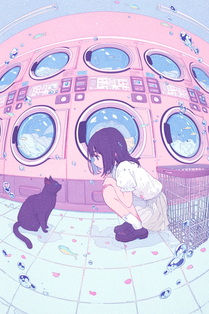 A wide-angle anime illustration of a surreal laundromat where a squatting girl faces a dark cat. A curved row of pink front-loading washing machines forms the background. Floating water bubbles, small fish, and petals drift through the air. The girl wears a white top and skirt, positioned next to a wire laundry basket on the tiled floor. The composition uses a fisheye lens effect with a grainy pastel color palette dominated by soft pinks and pale blues.