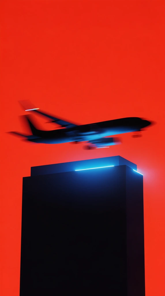 A silhouetted airplane with severe horizontal motion blur flies directly above a massive, pitch-black rectangular building structure that anchors the bottom half of the composition. Set against a flat, intensely saturated neon vermilion background, the scene is rendered in a stark, minimalist graphic illustration style featuring extreme high-contrast lighting and a strictly limited tri-tone palette of vivid red, deep black, and electric cyan. An intense, localized neon blue light grazes the sharp, geometric upper edge of the rectangular building and brightly illuminates the lower fuselage and trailing edges of the blurred aircraft above. The razor-sharp architectural outlines of the building contrast sharply with the horizontally smeared, kinetic speed trails of the plane, while the luminous cyan accent lighting cuts deeply through the heavy black shadow areas to radiate vividly against the smooth red atmospheric expanse, capturing the polished, moody aesthetic of a high-end cinematic poster design.