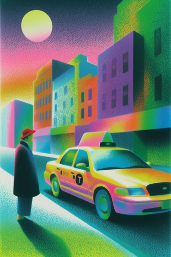 Neon Grain Surrealism style reference image — risograph print style