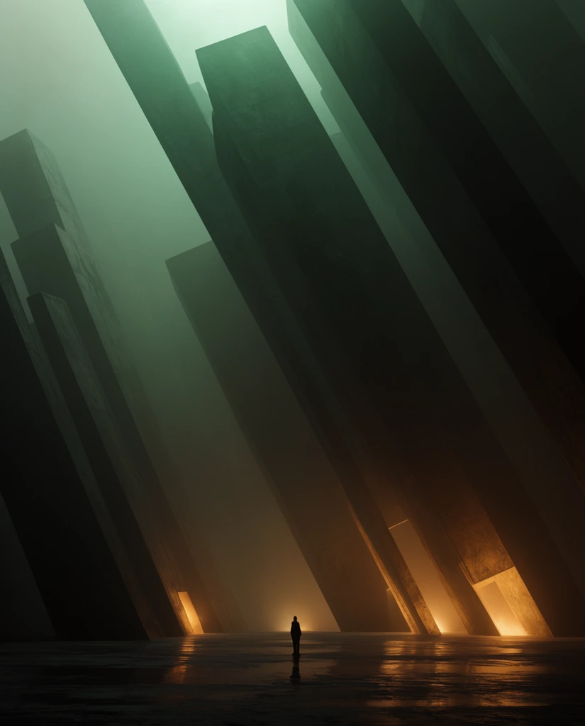 A tiny silhouetted figure stands on a reflective surface beneath colossal, dark rectangular monoliths leaning at a steep diagonal. Thick fog fills the vast brutalist chasm, illuminated by ethereal green light from above and warm amber glows emanating from structural crevices at the base, emphasizing extreme monumental scale and cinematic geometry.