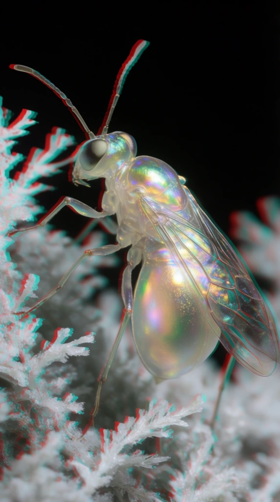 A close-up macro photograph of a translucent, iridescent insect resting on branching, frost-like white foliage against a pitch-black background. The creature features a pearlescent exoskeleton shimmering with holographic greens, golds, and pinks, alongside large compound eyes, segmented antennae, and delicate veined wings resting over a smooth teardrop abdomen. Its long spindly legs grip the crystalline terrain. The entire composition features a severe anaglyph stereoscopic 3D effect, producing stark red and cyan chromatic aberration fringing along every edge.