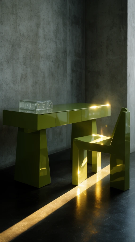 A glossy olive-green geometric desk and angular chair sit against textured grey concrete walls. A translucent glass block rests on the desk. A stark diagonal shaft of sunlight cuts across the dark floor, igniting brilliant yellow glares on the lacquered furniture amidst moody architectural shadows.