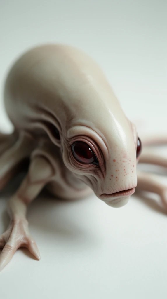 A macro photograph isolates a pale, fleshy alien creature sculpture resting on a featureless white surface. The bizarre, hairless figure features a smooth, bulbous abdomen and an elongated head with glossy, dark red eyes set within deep skin folds. Faint reddish speckles dot its snout. Multiple tentacle-like limbs ending in pointed digits sprawl outward. Shot with a shallow depth of field, sharp focus highlights the face's eerily realistic, silicone-like texture while the back softly blurs into the bright background under soft, diffused lighting.