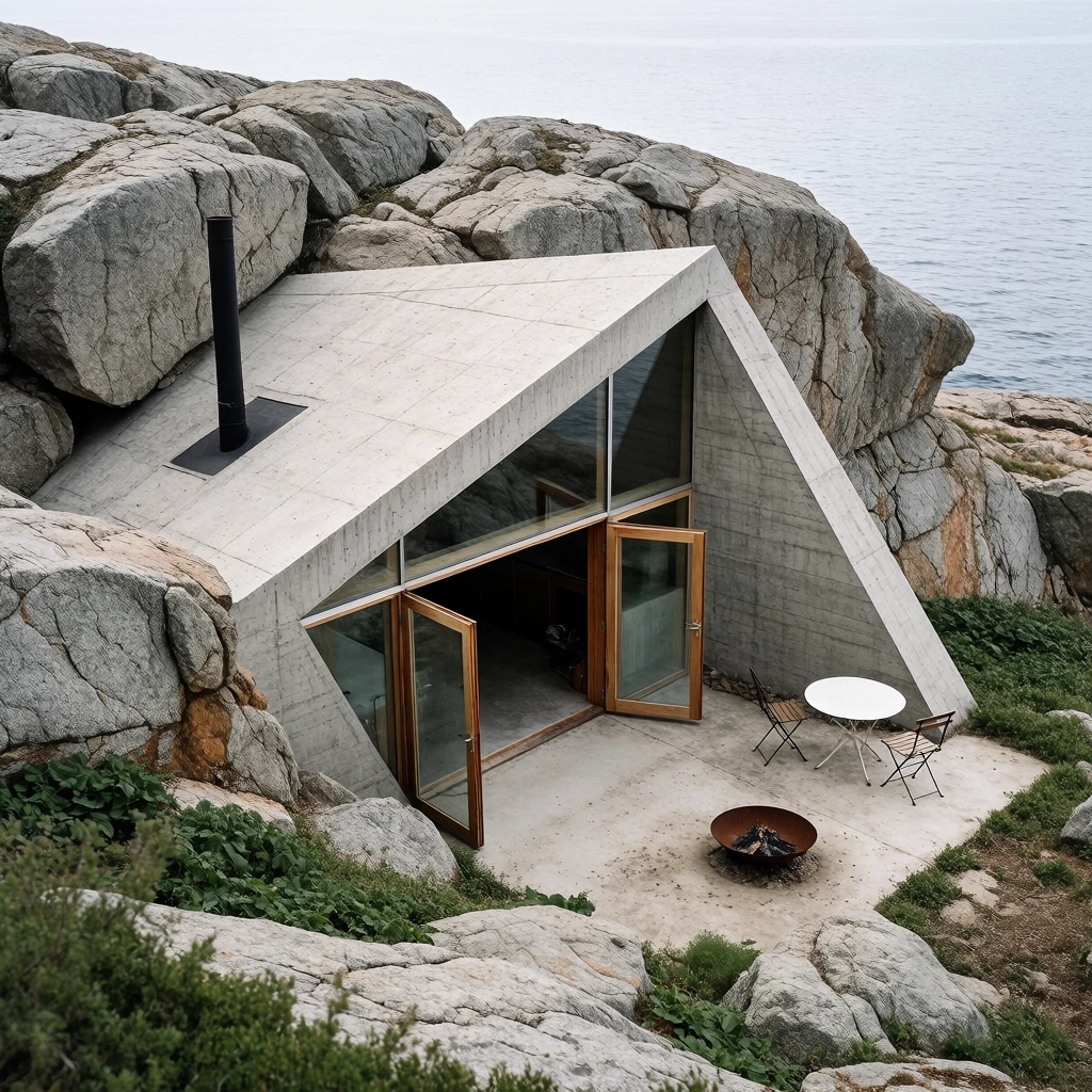geometric concrete house embedded in a rugged rocky cliff, angled roof blending with massive gray boulders, black stovepipe, glass facade, open wooden doors, outdoor patio, white table, two chairs, rusted fire pit, patches of green vegetation, calm sea background, overcast natural lighting, high angle architectural photography