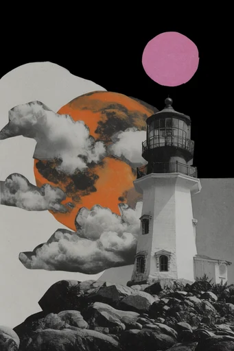 Surrealist Analog Montage style reference image — torn paper edges