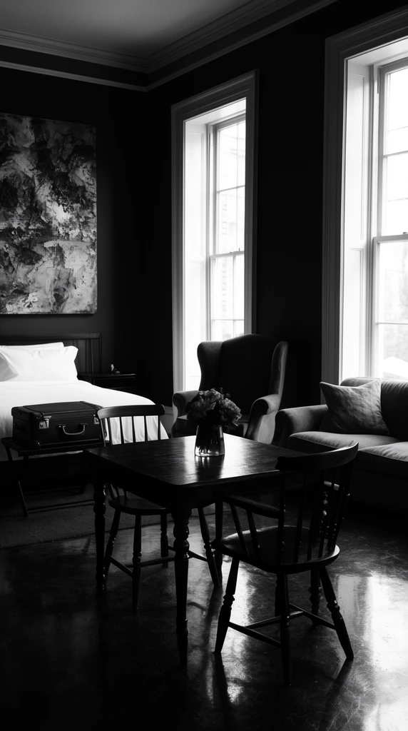 A high-contrast black and white photograph of a moody, elegant interior. A dark wooden table with spindled chairs and a floral vase anchors the foreground. Behind it, two tall, brightly lit windows illuminate a wingback armchair and a cozy sofa. To the left, a neatly made bed with crisp white linens sits beside a suitcase on a stand, positioned beneath a large abstract, textured painting. Deep shadows and cinematic natural light emphasize the dark walls and polished floor, creating a striking, atmospheric composition.