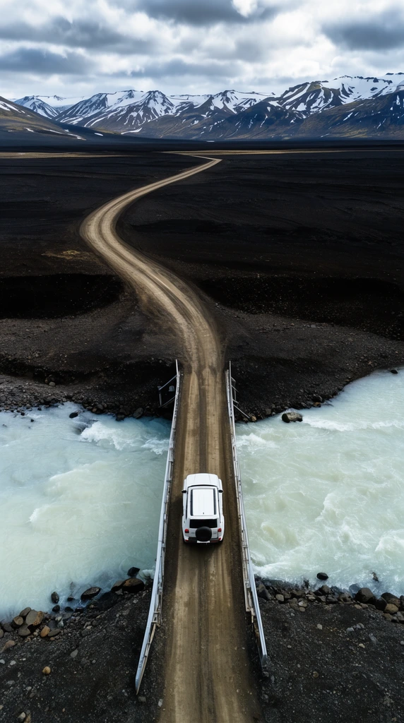 white SUV crossing a narrow bridge over a pale glacial river, winding dirt road, dark volcanic earth, distant snow-capped mountains, cloudy sky, aerial landscape photography