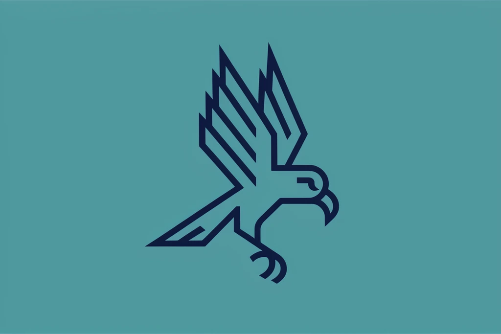 Minimalist geometric line-art of a stylized diving bird centered on a solid teal background. Crafted with thick dark blue angular strokes, the hollow figure features sharp stepped wings pointing upward, a hooked beak facing right, and a descending talon. The flat vector-style composition emphasizes crisp contrast.