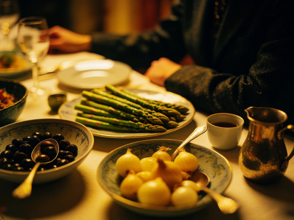 Top down cropped macro shot of a dinner table, arms visible resting on table. curated dinner, warm gold light