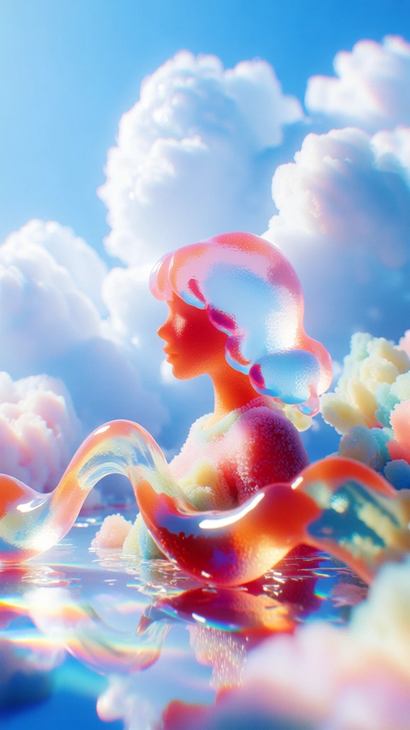 side profile of a woman’s silhouette and a fluid undulating wavy line, rendered in high-gloss translucent gummy material with deep sub-surface scattering, vibrant pastel palette of peach coral and sky blue, set against a luminous backdrop of billowy white cumulus clouds, high-key ethereal lighting with soft-focus diffusion bloom, glistening sugar-coated texture, resting on a reflective liquid floor with prismatic refractions, macro depth of field, hyper-real 3d digital art.