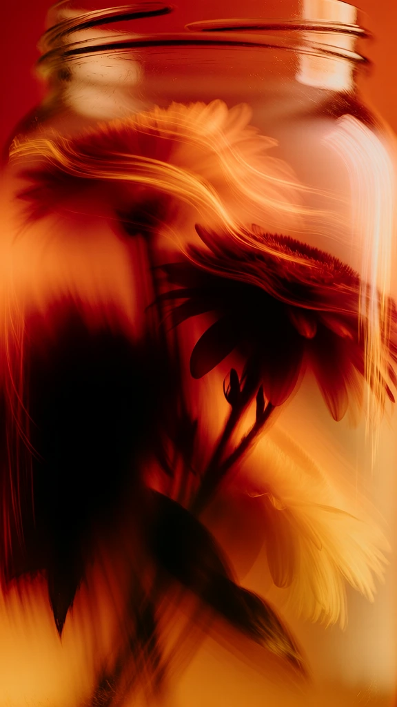 an experimental macro photograph of a cluster of flowers submerged in liquid inside a glass jar, captured with a long exposure motion blur effect, vibrant warm color palette of deep reds, glowing oranges, and radiant yellows, ethereal light trails and wispy streaks flowing horizontally, soft focus textures, cinematic high contrast, painterly and abstract aesthetic, fluid motion, glowing highlights, translucent petals, distorted through glass, minimalist yet energetic composition.