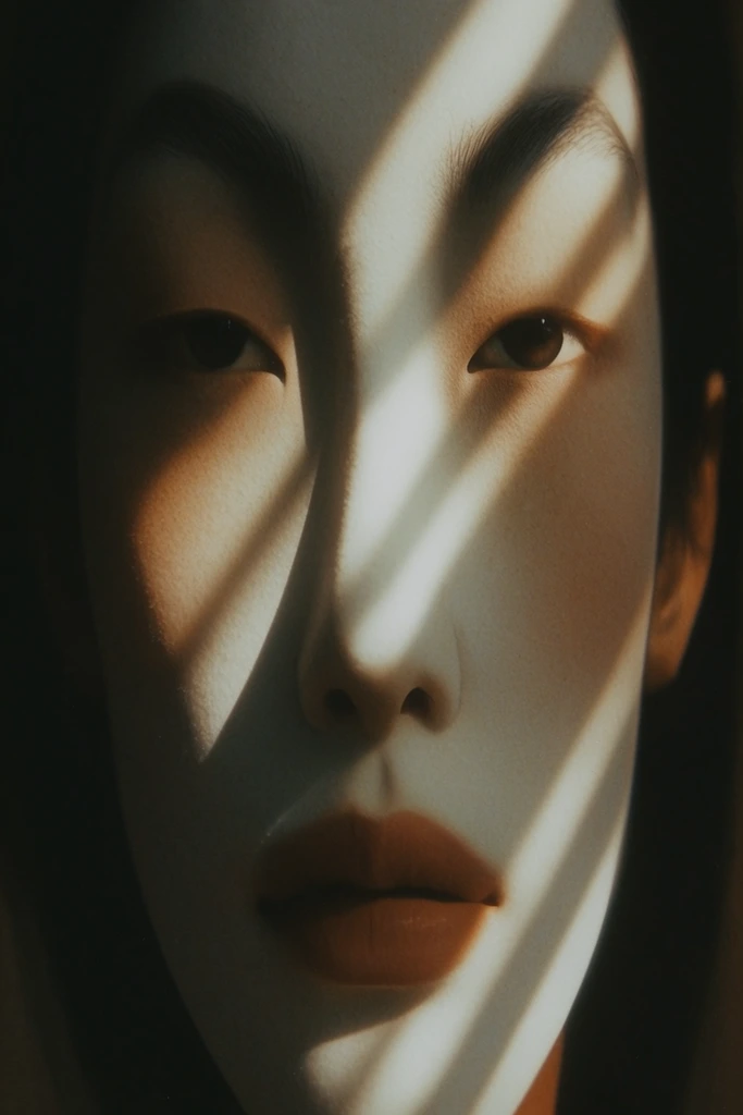 A stylized, elongated face filling most of the frame, captured in moody, cinematic photography. Harsh, diagonal shafts of warm sunlight cut across the subject, casting deep, pronounced shadows that create a strong chiaroscuro effect. The color palette features muted earthy tones, creamy off-whites, and rich dark browns. The atmospheric scene possesses a slightly surreal, tactile quality, rendered with subtle analog film grain and soft focus in the darkest regions.
