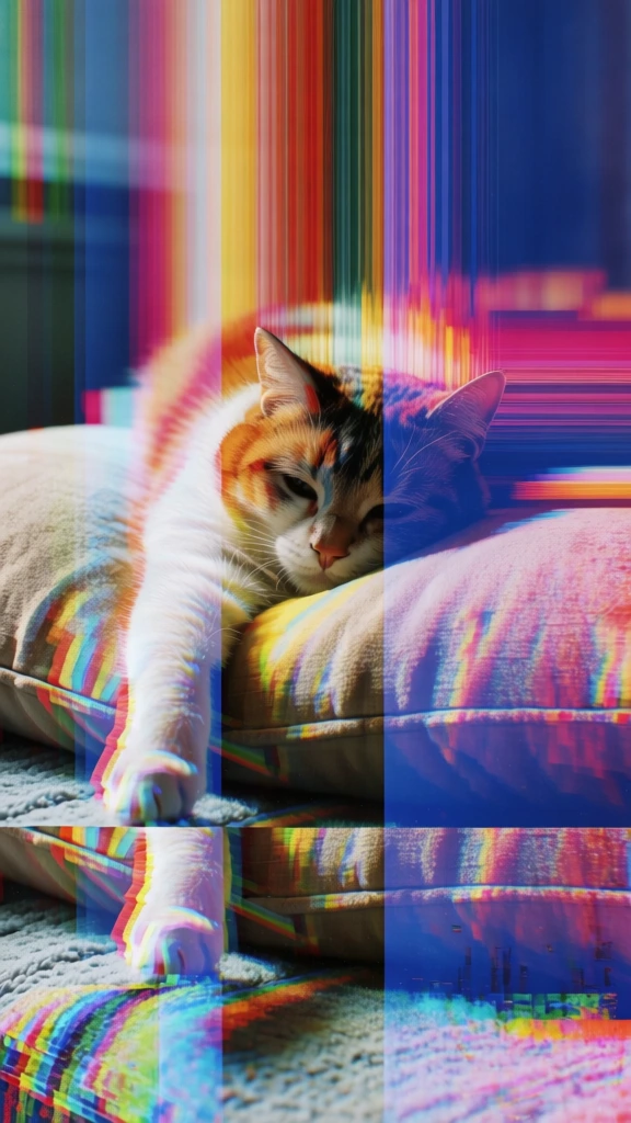 cat lying on a plush pillow with one paw extended, digital glitch aesthetic, prominent vertical and horizontal pixel sorting, elongated streaks of distorted color, overlapping rectangular segments of fragmented image data, high-contrast palette with vibrant saturation, surreal composition featuring sliced geometric blocks, sharp digital noise, experimental data mosh textures, contemporary art direction, abstract layering of corrupted pixels, warm fur tones contrasted with cool digital artifacts.