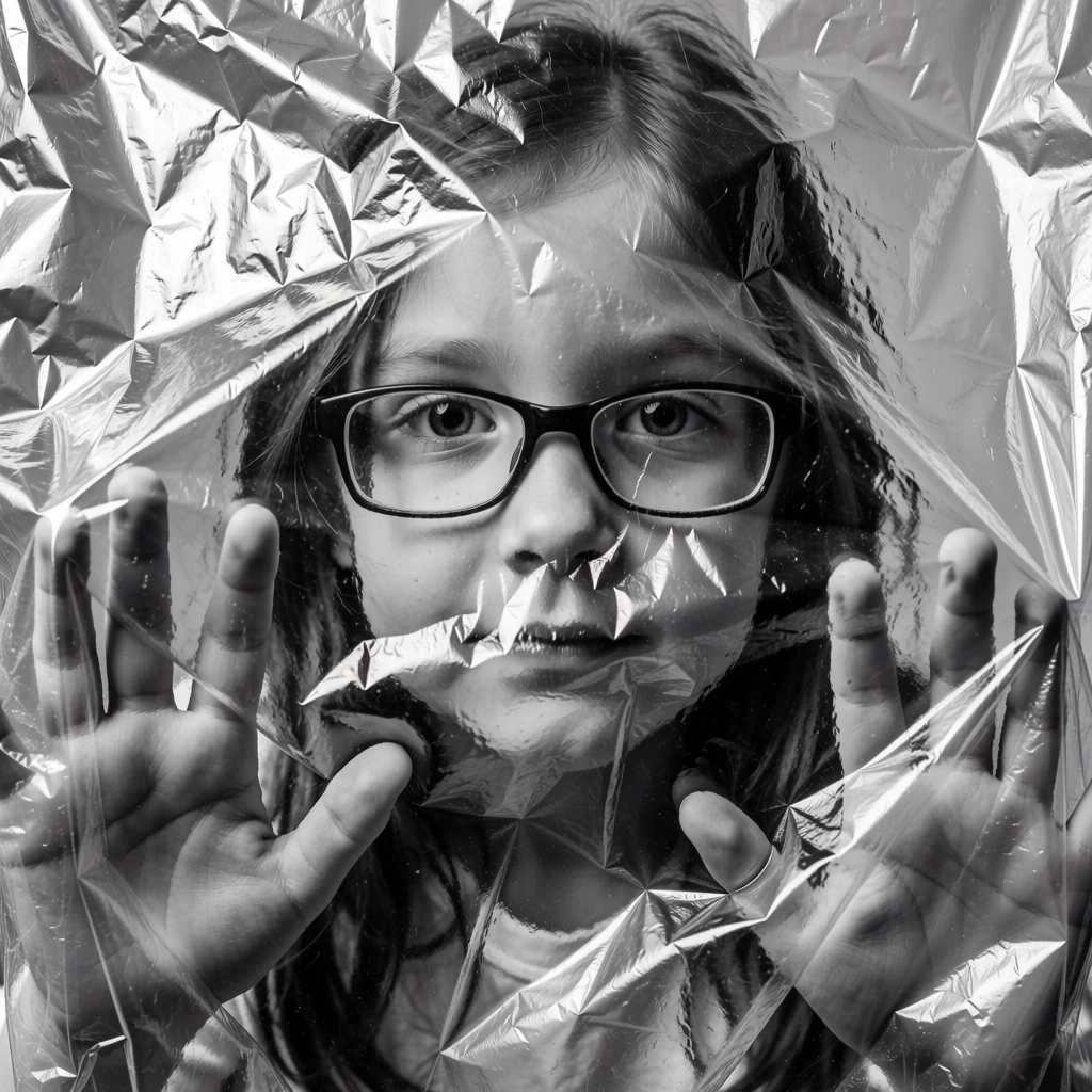 a girl with glasses reaching forward with both hands, palms and fingers pressing against a layer of heavily crumpled clear plastic wrap, viewed through distorted and crinkled cellophane, cinematic black and white photography, high contrast lighting with deep shadows and bright highlights, sharp reflections on the plastic surface, heavy film grain, facial features blurred behind the texture, tactile feel, dramatic and experimental fashion aesthetic, focus on the hands and frames