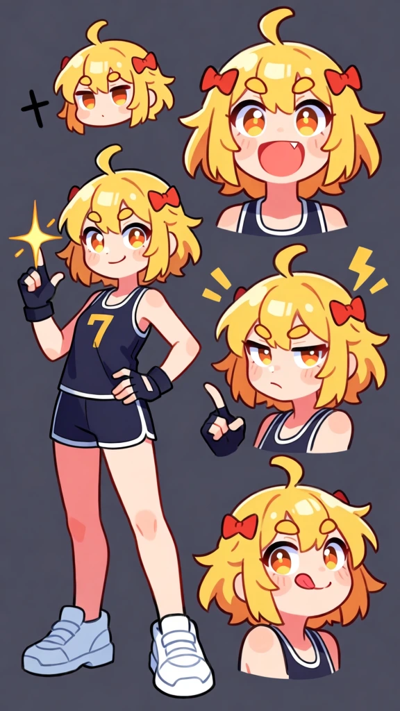 A collection of digital character sheets illustrates a young, energetic anime-style girl with short blonde hair and large amber eyes in various poses and expressions against a solid dark gray background. The girl has messy shoulder-length yellow hair styled with two small red bows on the sides and a single curved sprout-like strand on top. In the full-body illustration on the left, she stands confidently in a dark navy blue athletic tank top featuring a yellow number "7" on the chest, matching short athletic shorts with white trim, black fingerless gloves, and chunky white sneakers. She holds her right hand up with a bright yellow four-pointed star glinting at her fingertip while her left hand rests on her hip. Surrounding the full-body figure are four close-up shots of her head and shoulders, each showing a different facial expression: a wide-eyed joyful shout with her mouth open and a visible fang; a skeptical, narrowing look with a raised finger and yellow lightning bolt motifs nearby; a playful expression with her tongue sticking out and her head tilted; and a smaller, neutral-faced chibi-style head in the top left corner with a black cross mark floating beside it. The art style is characterized by clean, thick line work and vibrant cell shading with a warm, sunny color palette for the character contrasting against the muted background. All the heads share consistent features including thick eyebrows, orange-to-yellow gradient irises, and subtle pink blushes on the cheeks.