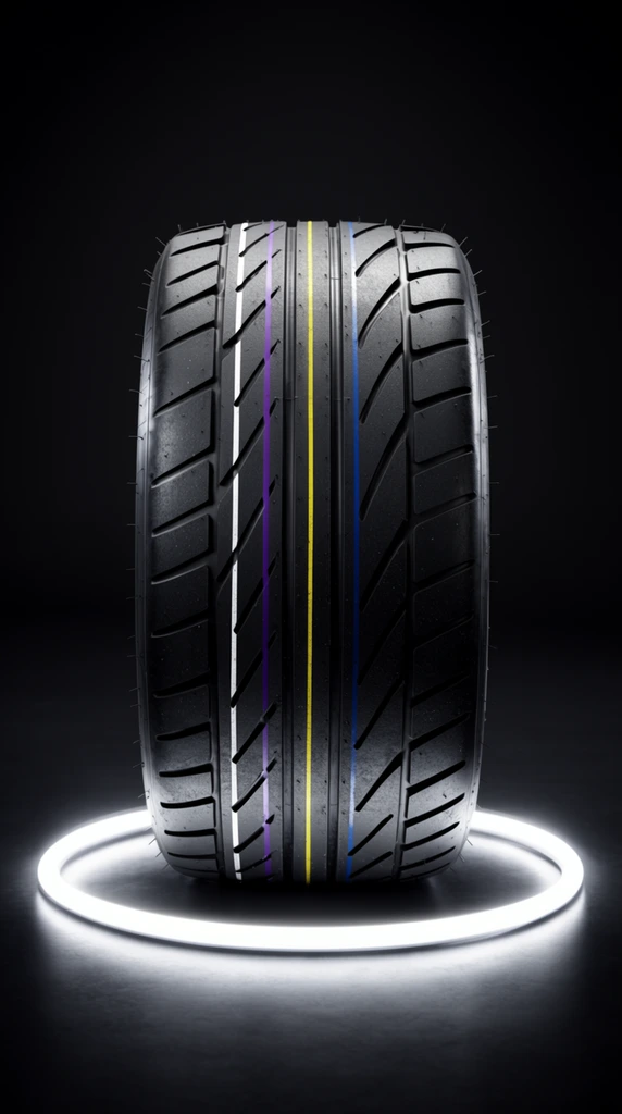 A wide performance racing tire stands upright on a dark floor, illuminated from below by a luminous white neon ring. The matte black rubber features an aggressive directional tread pattern with deep angular grooves and tiny vent spews projecting from the outer shoulder edges. Four thin continuous stripes in white, purple, yellow, and blue run circumferentially around the center of the tread. The textured surface catches soft specular highlights that emphasize its curved, low-profile shape. The environment is a pitch-black studio setting where the flat glowing halo on the ground casts a bright, dramatic under-glow reflecting off the slick surface. Captured with high-end product photography techniques, the central eye-level framing and high-contrast chiaroscuro lighting isolate the structural geometry of the object against a seamless dark void.