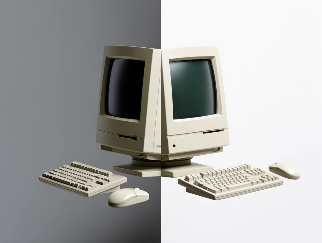 surreal optical illusion, bisected retro computer split across a sharp gray and white corner, left profile and right front views, protruding keyboard halves, floating mouse, minimalist conceptual art