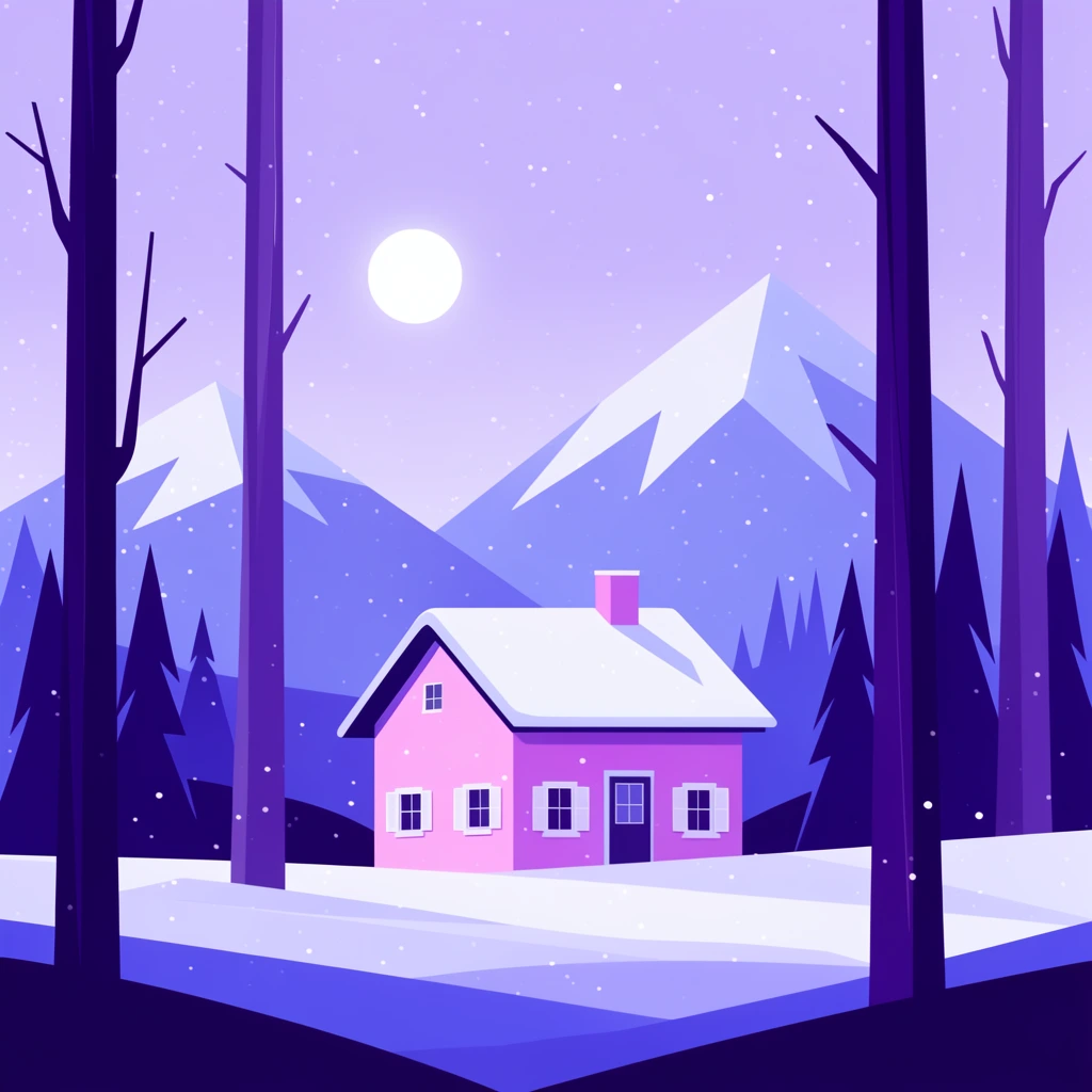 2D vector illustration of a winter landscape, central pink house with a snow-covered roof, framed by tall dark purple bare tree trunks, silhouetted pine trees, geometric snow-capped mountains, pale purple sky, bright white full moon, scattered falling snow, minimalist flat design, crisp shapes, monochromatic purple and blue color palette
