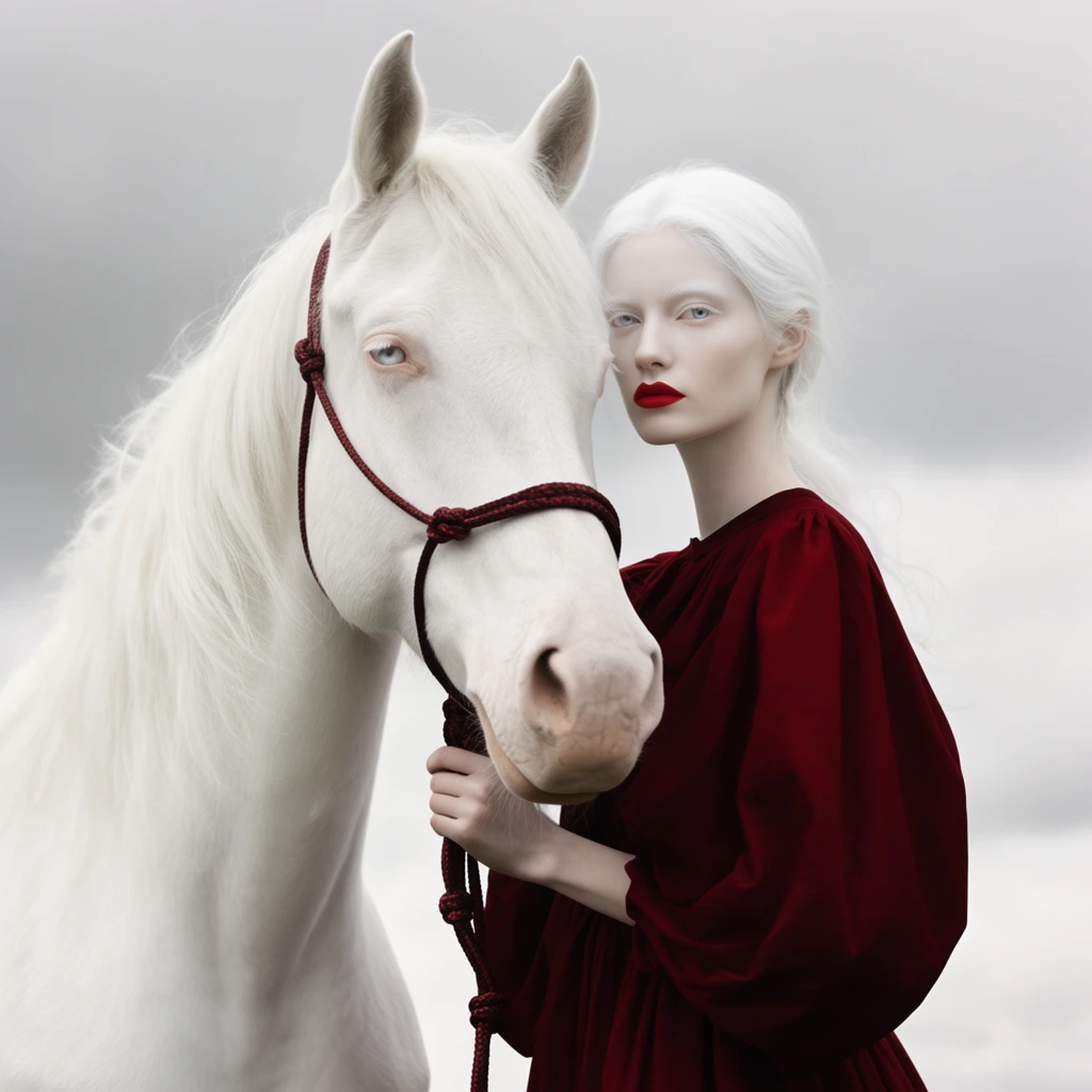 A stark fine art portrait of a pale woman with white hair standing beside a pure white horse against a muted overcast sky. She wears a voluminous deep crimson dress that matches her vivid red lipstick, grasping a dark red braided rope halter attached to the animal. The horse features a flowing white mane and pale eyes, visually echoing the woman's ethereal complexion. Soft diffused natural lighting emphasizes the dramatic color contrast between the rich crimson fabric, pristine white subjects, and bleak grey background. The high-fashion composition boasts sharp focus, crisp textures, and a solemn cinematic atmosphere.