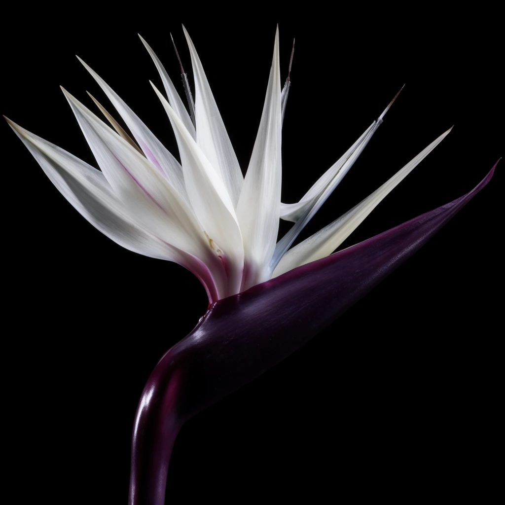 A minimalist macro photograph of a Bird of Paradise flower against a pure black void. Crisp, spiky white petals fan upward from a glossy, deep aubergine curved spathe. Dramatic studio lighting highlights subtle magenta accents, emphasizing the striking sculptural silhouette and smooth botanical textures.