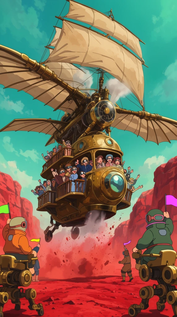 gigantic steam-powered brass ornithopter with stacked canvas sails lifting off a dusty red martian canyon, kicking up crimson dirt, balconies crowded with cheering passengers, onlookers in mechanical brass walkers waving neon pennants, heavy jumpsuits and mirrored goggles, bright teal sky, vibrant cel-shaded animation, dynamic low angle, wondrous scale