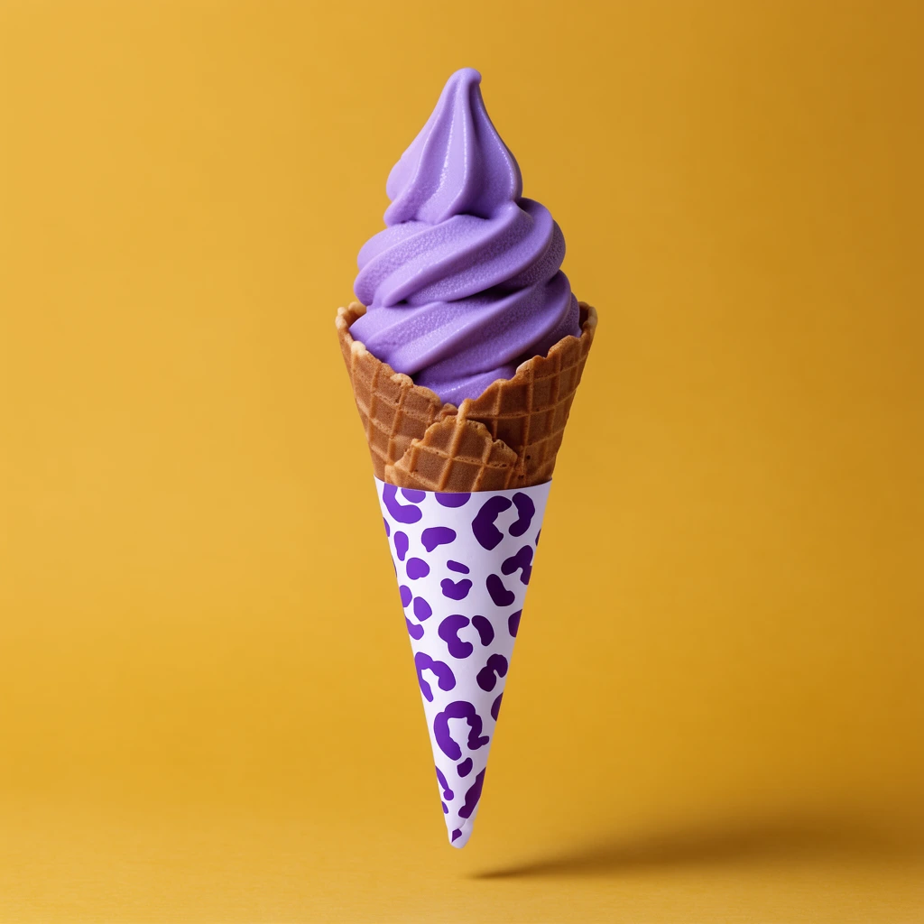 vibrant lilac soft serve ice cream, tall swirled peak, crisp brown waffle cone, white paper wrapper with abstract purple leopard spots, floating upright against a solid mustard yellow background, minimalist composition, soft diffused studio lighting, sharp focus, subtle contact shadow below the tip, bold complementary colors, clean commercial photography